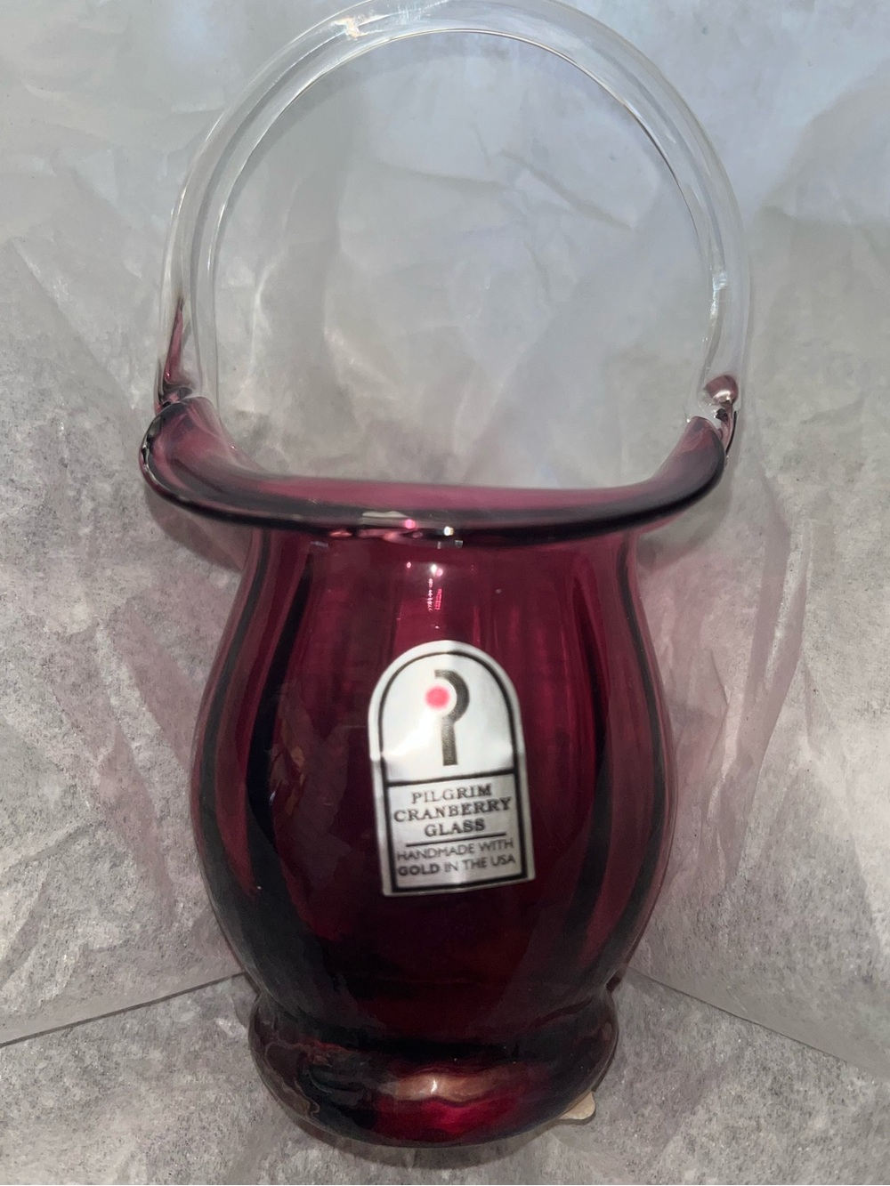 Pilgrim Cranberry Glass Basket. Hand Blown. Made w/Gold Particles. Approx 6”.